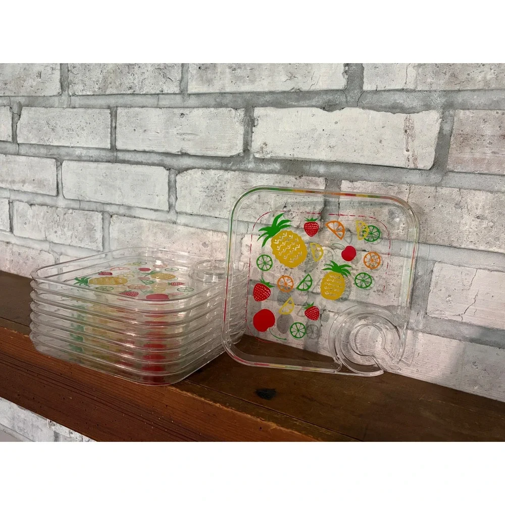 Vintage Acrylic Tropical Fruit Snack Trays with Wine Glass Holder Set of 8